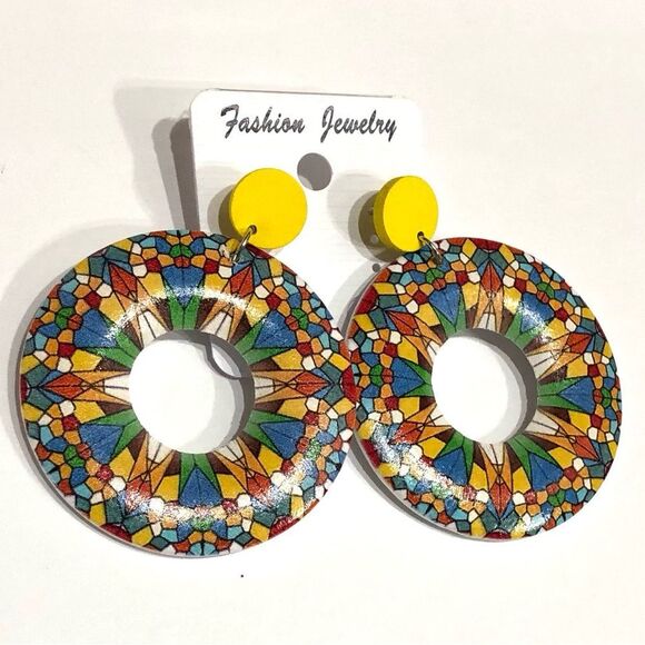 Boho Festive Multicolored Wooden Hoop Dangle Earrings - 210 - Picture 3 of 7